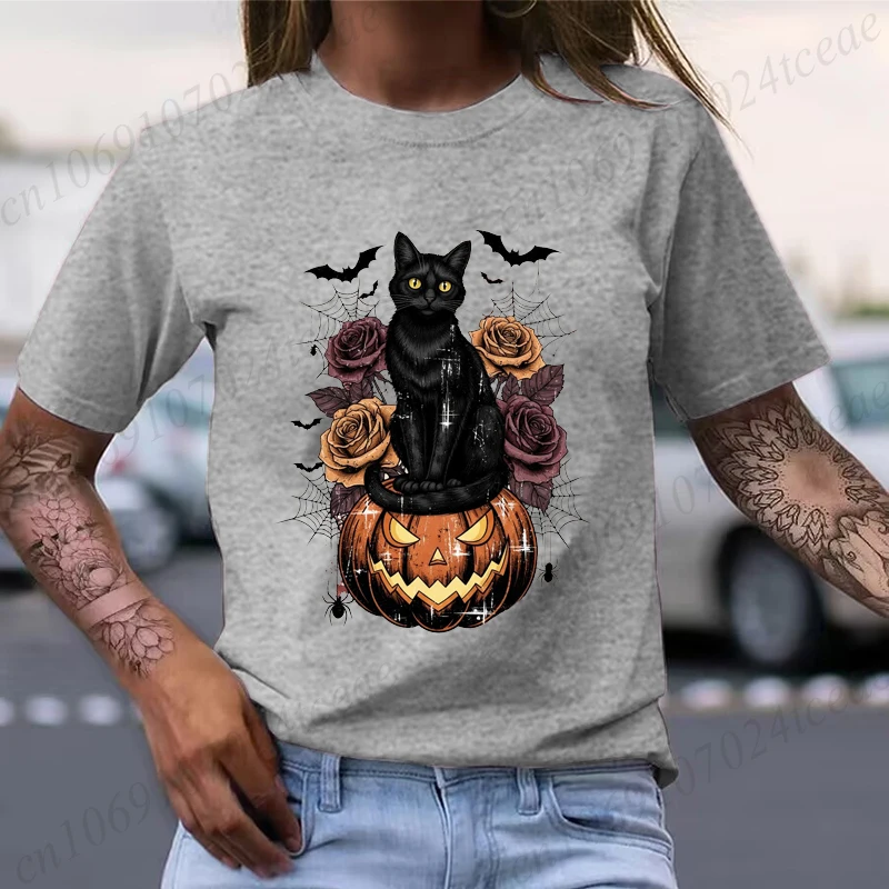 Halloween crânio arco abóbora camisa engraçado retro gato preto camisetas temporada assustadora gráfico t camisa para mulher manga curta topos