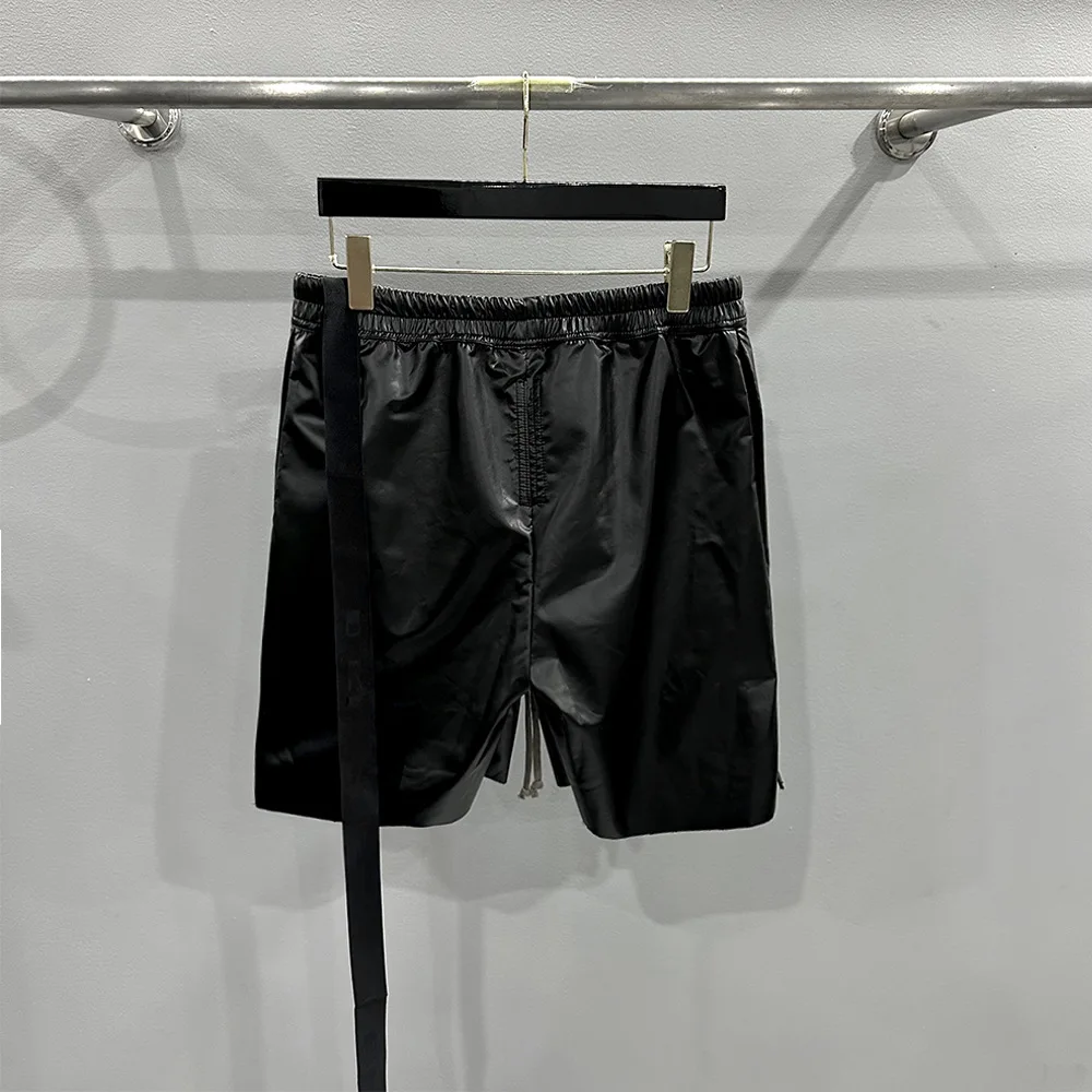 High Street Men's Spring/Summer Elastic Waist New Dark PU Leather RO Dark Wind Drawstring Straight Bottom Casual Shorts