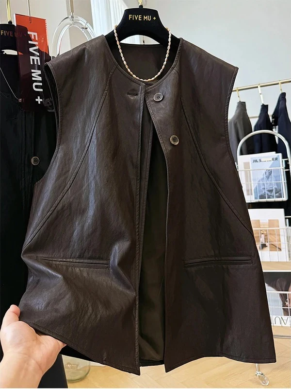 Kamizelka damska z ekoskóry PU w stylu retro, bardzo duża, luźna, z okrągłym dekoltem, z poduszkami na ramiona, płaszcz jesienno-zimowy, modny.