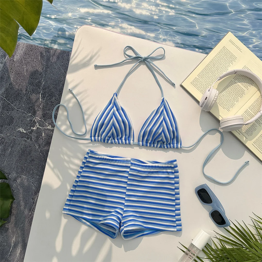 Neuer gestreifter Neckholder-Bikini mit hoher Taille, Damen-Badeanzug, zweiteiliges Bikini-Set mit Shorts, Badebekleidung, Badeanzug, Schwimmanzug V7825 – Detail 25