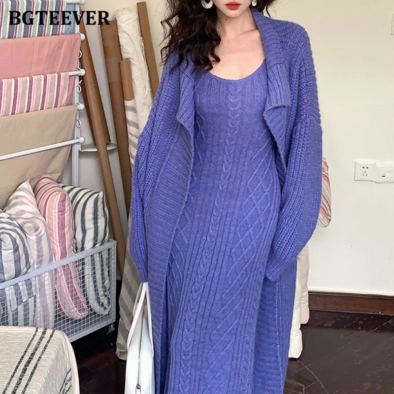 BGTEEVER Stylish Female Solid Knitted Outfits Long Sleeve Oversized Cardigans & Sleeveless Package Hip Dress Women 2 Pieces Set