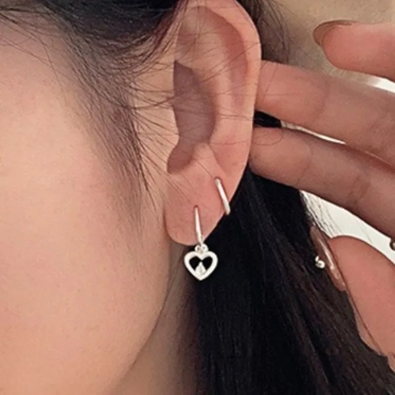 

S925 Sterling Silver Geometry Hollowed Heart Love Zircon Hoop Earrings for Women Fine Jewelry High Luxury Vintage Accessories