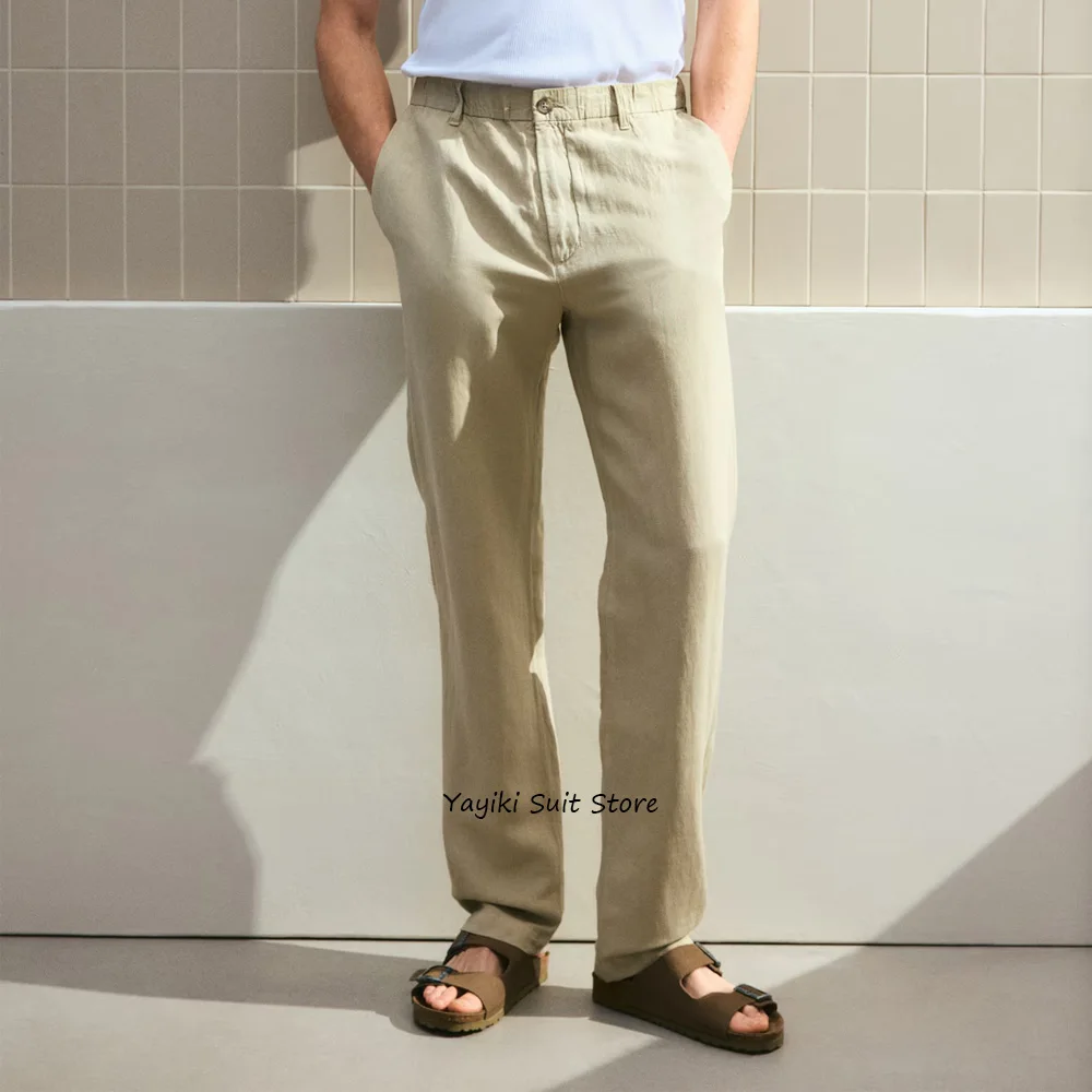 

Прямые брюки, повседневные брюки, мужские легкие классические брюки из льняной ткани, мужские однотонные брюки для мужчин, облегающие удобные брюки
