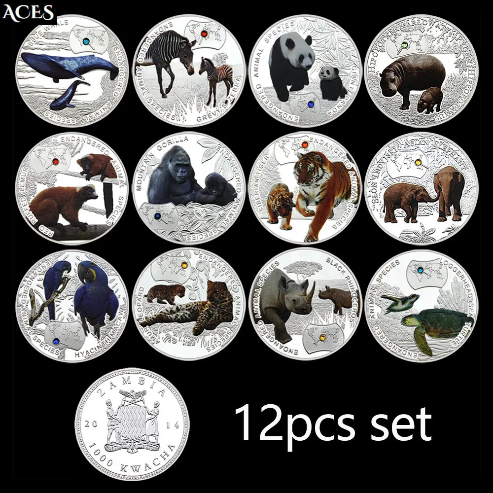 12pcs Rare Animals Silver Coin Set Zambia 1000 Kwacha Coin Commemorative Medal In Capsule Gift for Animal Lovers