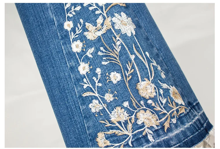 Spring Summer Women Designer Ripped Hole Tassel Embroidery Blue Denim Flare Trousers , Woman Vintage Floral Jeans Pants