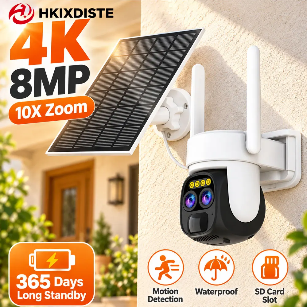 Outdoor Security Camera With Solar Panel 8MP 4K Dual Lens 10X Zoom SD Card Slot and Motion Detection For Porch and Gates Viewing