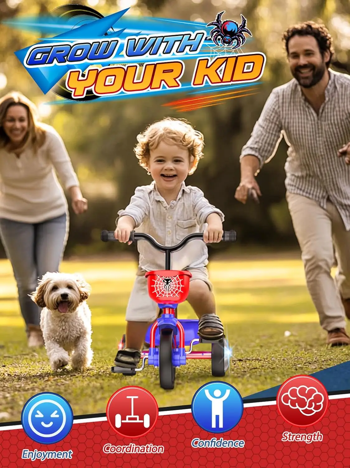 Toddler Tricycle for 1-5 Year Olds, Balance Bike with Colorful Lighting Wheels & Large Basket, Birthday Gift for Boys Girls view 2