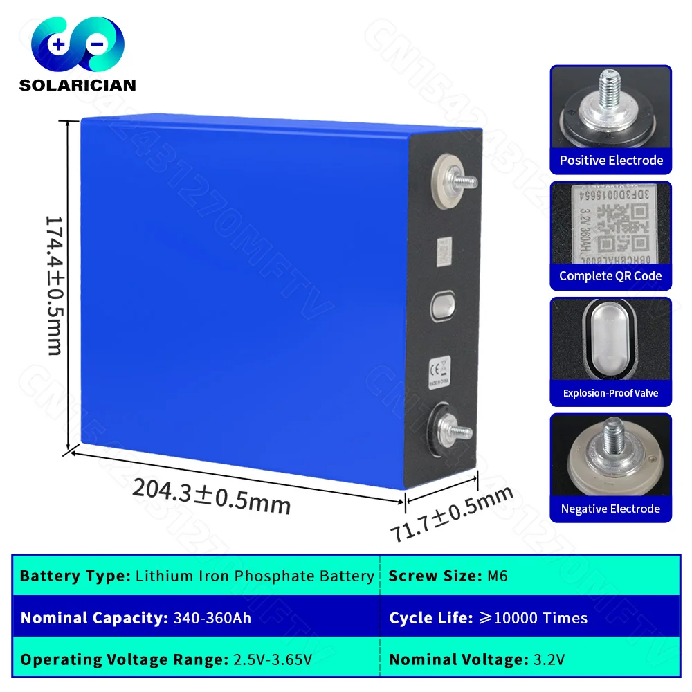 LFP 360Ah LiFePO4 Battery 3.2V 10000 Deep Cycle DIY 12V 24V 48V Cell Pack For Home Solar Energy Storage System ESS RV EV Camping