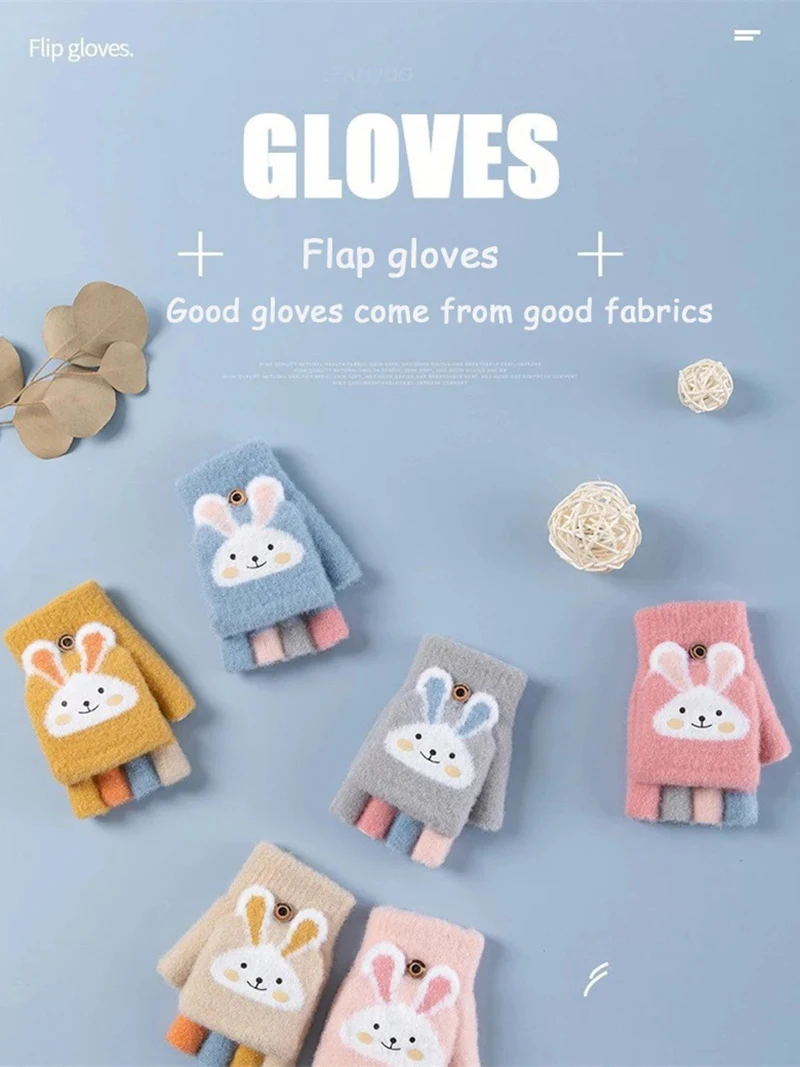 AliExpress Children's Outdoor Cycling Sports Gloves Colorful Rabbit Cute Half Finger Flip Gloves Thick Warm Skin Friendly Daily Sport Glove