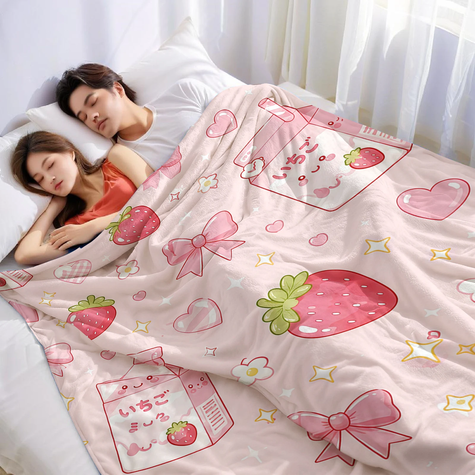Strawberry Milk Cartoon Anime Print Flannel Blanket Soft Warm Throw for Kids Bedroom Sofa Bed Christmas Office Car