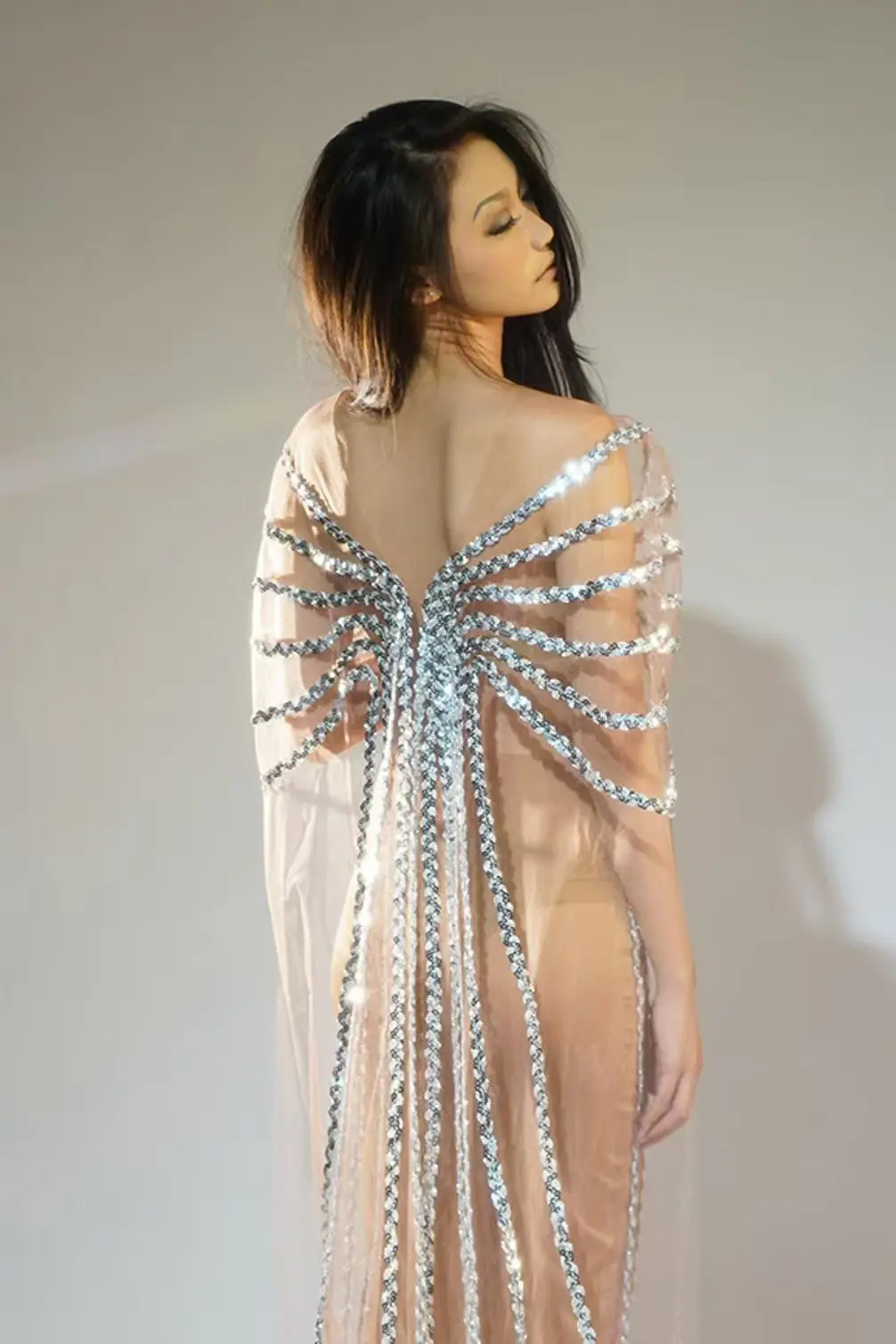 Sparkly Silver Sequins เสื้อคลุมชุดยาว SHEER ตาข่ายฉลองวันเกิดชุดยาวถ่ายภาพนักร้องแสดงชุดราตรี Shiguang