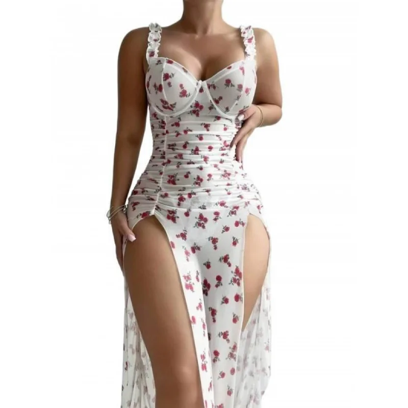 Sexy Nightwear Printed Backless Split Nightdress String Bodysuit Lingerie Pajamas for Women Sexy Nighties Lingerie  Night Skirt