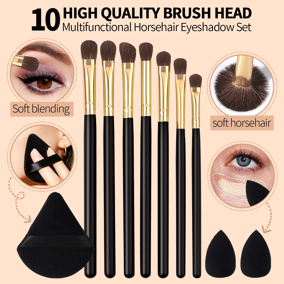 New 10Pcs Eyeshadow Makeup Brush Set, With Triangle Powder Puff & Makeup Sponge Beauty Tools
