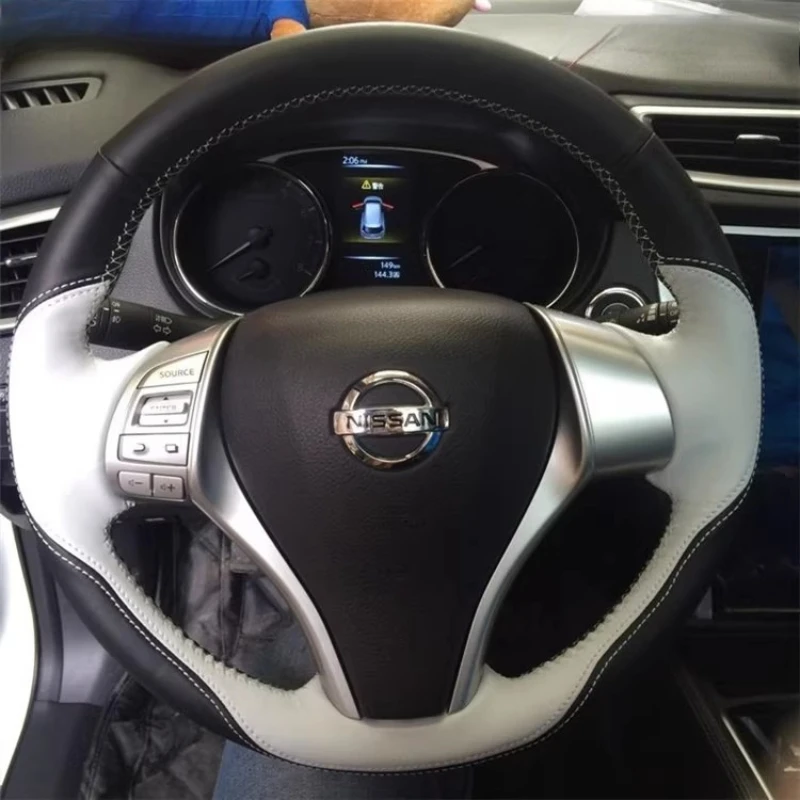 

For Nissan Teana Altima X-Trail Qashqai 2014-2017 Hand-Stitched Non-Slip Black white genuine Leather Car Steering Wheel Cover