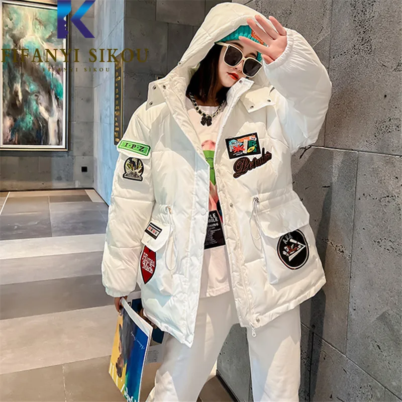 2022 Winter Jacket Women Short Parkas Badge Embroidery Fashion Pocket Hooded Down Jackets Streetwear Loose Cotton Coat Female