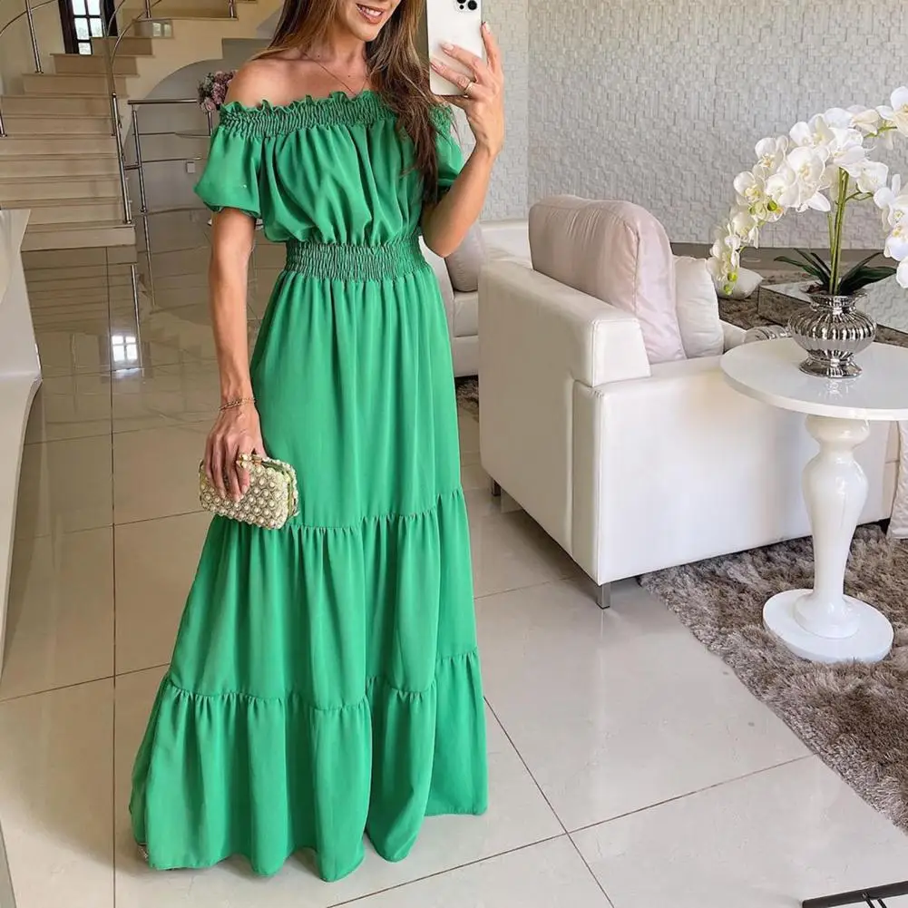 Sexy Pofmouwen Off Shoulder Ruches Vrouwen Jurk Grote Zoom A-Lijn Hoge Taille Effen Kleur Boho Maxi Jurk Losse Zonnejurk