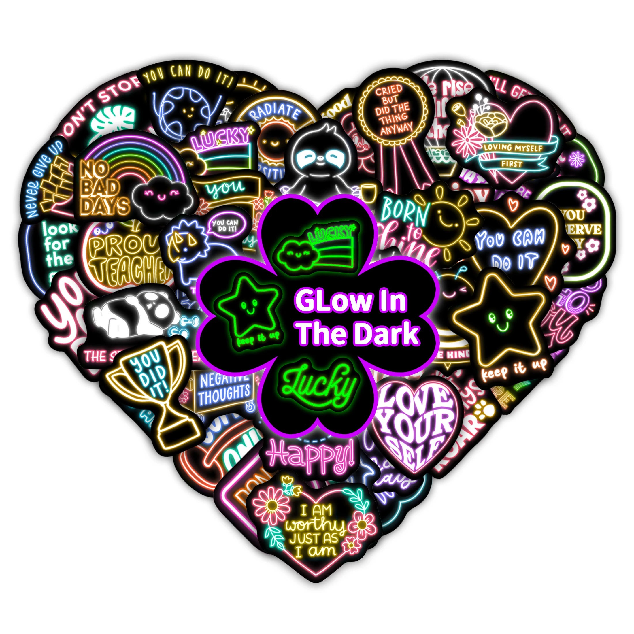 50Pcs Neon Lucky Pattern Glow in the Dark Stickers Waterproof Vinyl Decals Computer Phone Case Decoration for Kids DIY Gifts