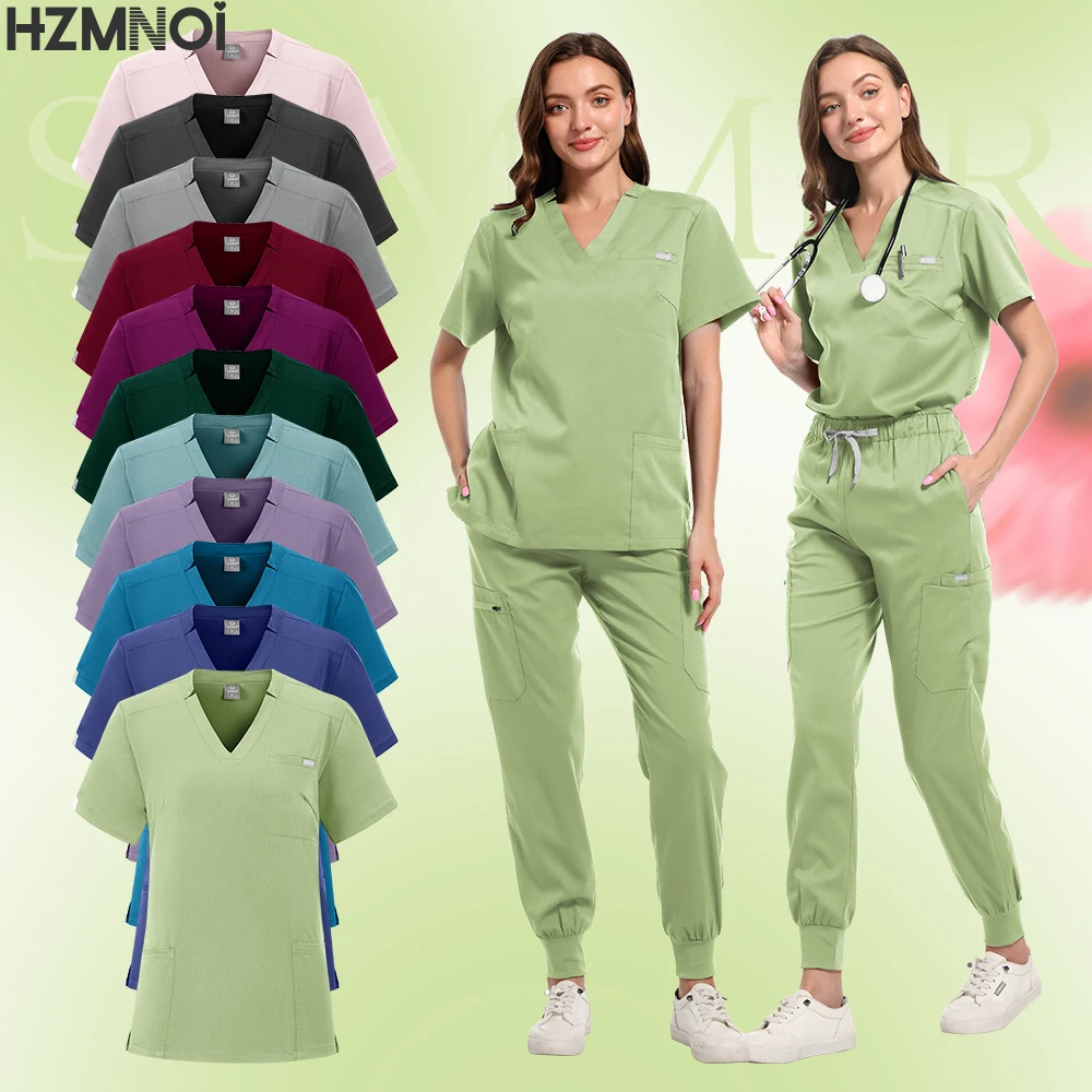 Multicolorido feminino pet shop médico esfrega cirurgia médica workwear conjunto esfrega uniforme manga curta topos + calças uniforme de enfermagem