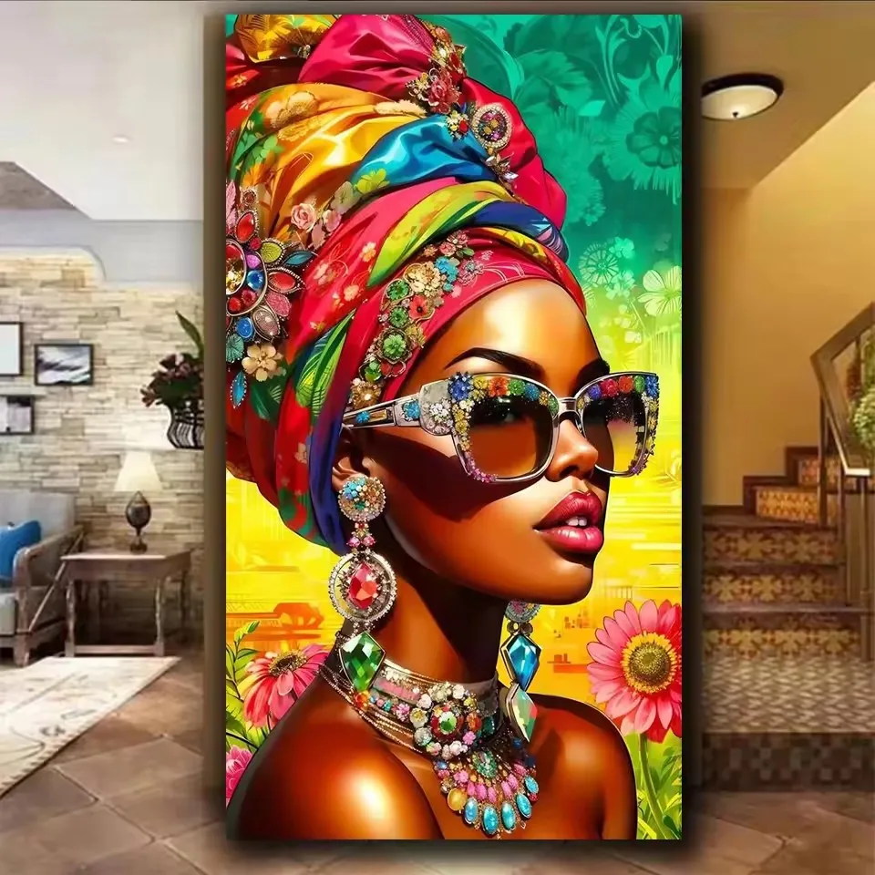 

Diy Diamond Painting Vibrant African American Woman Colorful Turban Mosaic Jewelry Cross Stitch christmas Gift New 2026 Wall art