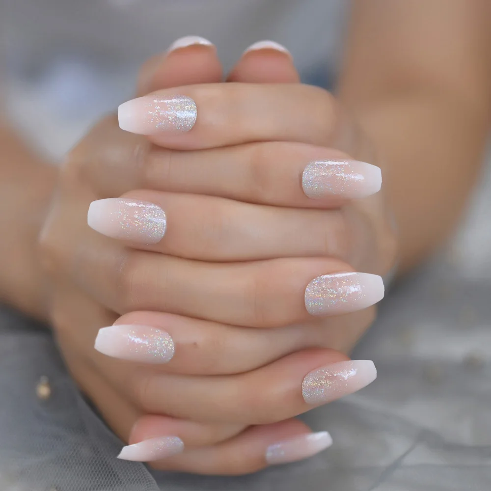 Holographic Silver Glitter Acrylic Nails Ombre French Fake Nails Coffin Shape Nude Nail Art Tips Pre-designed image 3