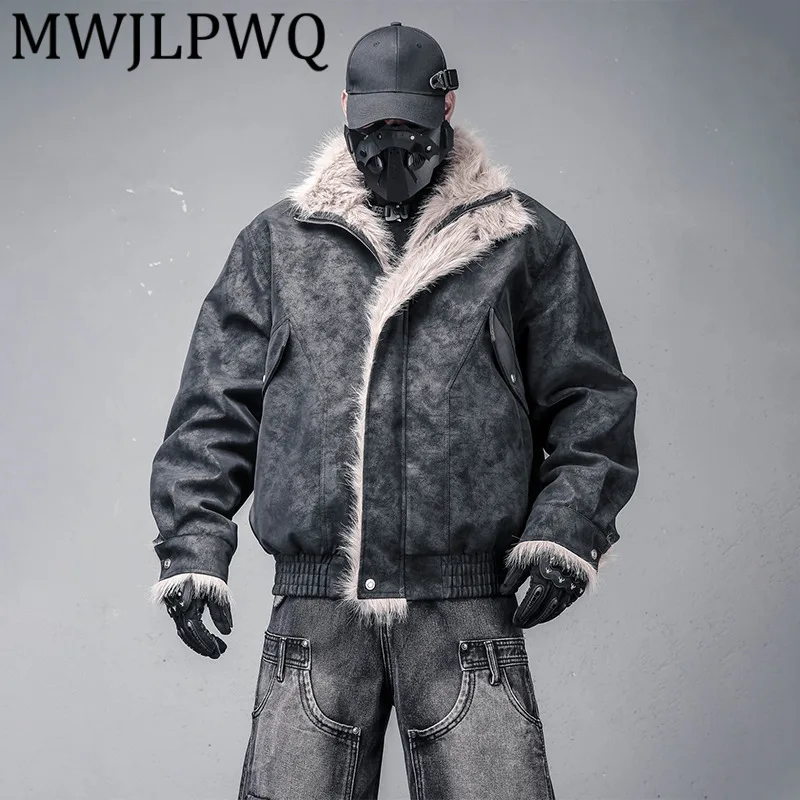 

MWJLPWQ Unique Functional Fur Collar Patchwork Thickened Suede Padded Male Chic Motorcycle Leather Coat Cotton Outerwear 12684