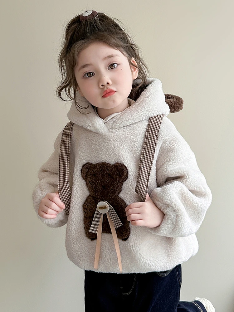 

Girls Winter Fce Lined Hoodie Casual Warm Thiened Children's Wear 2026 New Sle Cartoon Print Long Sve Sweatirt