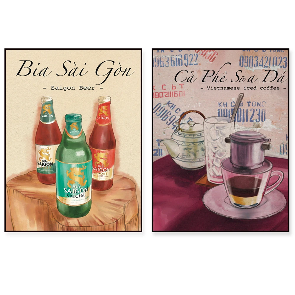 Comida Vietnamita, Rollos de Arroz al Vapor, Pasteles de Arroz Pegajosos, Sopa de Fideos con Carne, Panqueques de Cerveza de Saigón, Póster Artístico de Comida para Amantes del Café