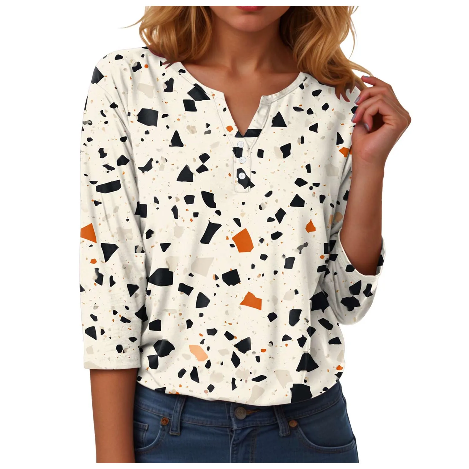 

Long N Women Fashionable Printed V Neck Shirt Button Short Sleeve T Shirt Top Tall Women's Shirts