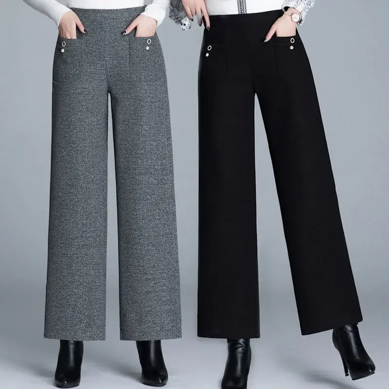 Office Lady Autumn Winter Thicken Wool Wide Leg Pants Vintage Loose Pockets High Waist Women Oversize Straight Trousers LJ203