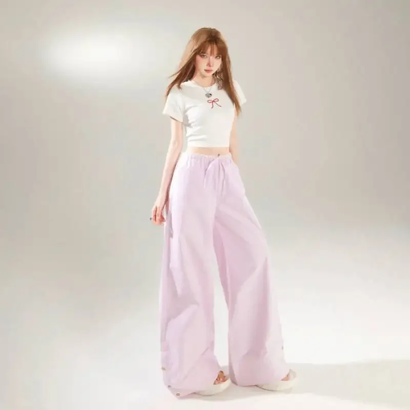 الرجعية منخفضة الارتفاع مخطط واسعة الساق السراويل عادية الدانتيل الرباط ثنى Y2K نمط الربيع الصيف المرأة الملونة فضفاضة تناسب بنطلون