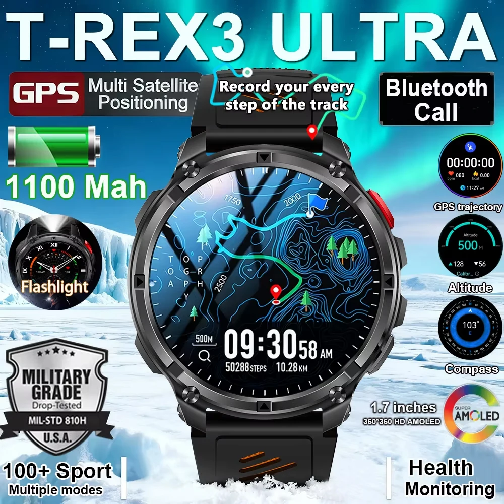 

Новые смарт-часы 2026 года с GPS, аккумулятором 1100 мАч, AMOLED-экраном, водонепроницаемостью 5ATM, Bluetooth-звонками, фонариком, 170+ видами спорта, компасом, военным дизайном, совместимые с iOS
