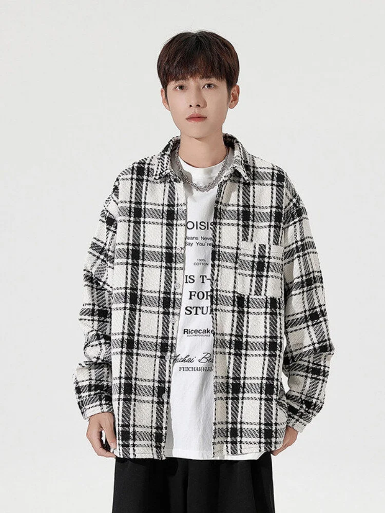 

Slimming Large Size Men's Shirt Coat Tweed Plaid Long Sleeve Loose Fit Spring Autumn Fashion Outerwear Youth Trend Breathable