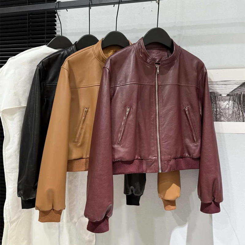 100% Real Leather Moto & Biker Jackets 2025 Spring Vintage Wine Red Women Stand Collar Zipper First Layer Sheepskin Jacket Coats