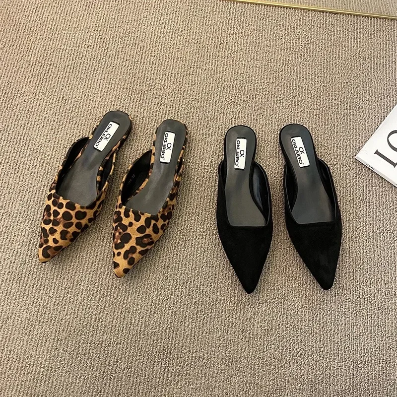 Women Slippers Pointed Toe Leopard Design Shallow Slip on Thin Low Heels Black Flock Design Casual Mules Loafers Black Outdoor