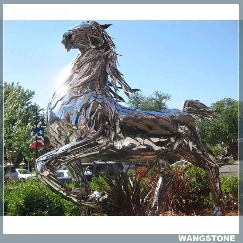 Landscape Garden Stainless Steel Animal Mirror Polished Large Outdoor Horse Sculpture Statue