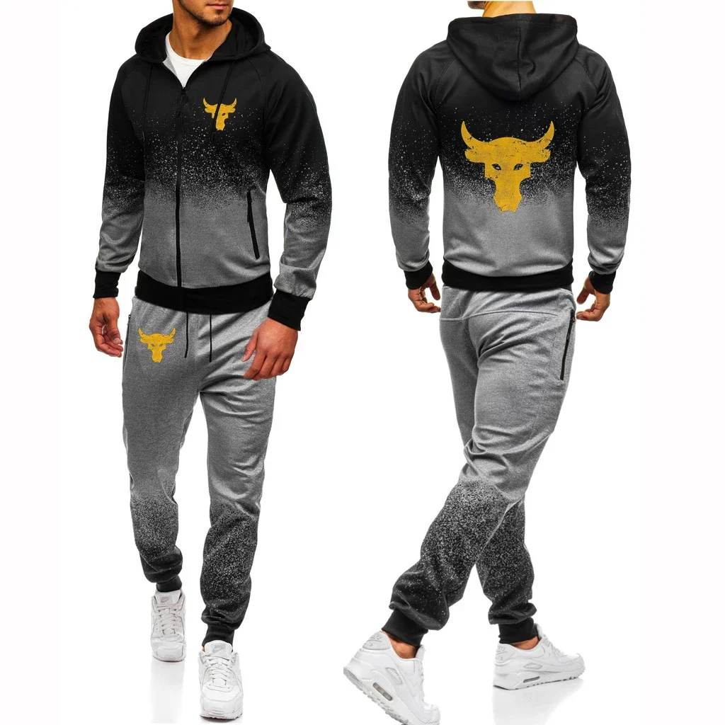 Dwayne Johnson Brahma Bull Tattoo Print Spring Autumn Men Casual Zipper Cardigan Jacket Sweatshirt+Sweatpants Gradient Color Set