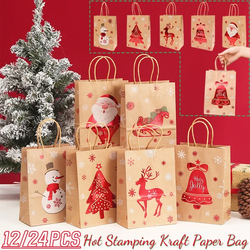 

12/24PCS Christmas Kraft Paper Bag Santa Claus Snowflake Small Bell Christmas Packaging Supplies Xmas Packaging Gift Paper Bags