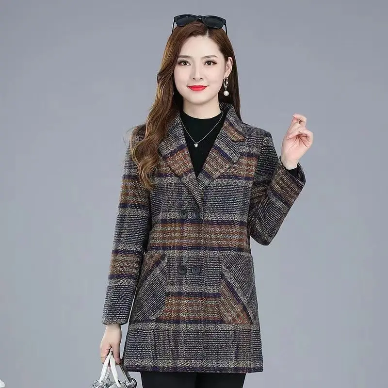 Mom\'s Plaid Coat Thickened High-end Woolen Coat Middle-aged and Elderly Women\'s Long Woolen Coat