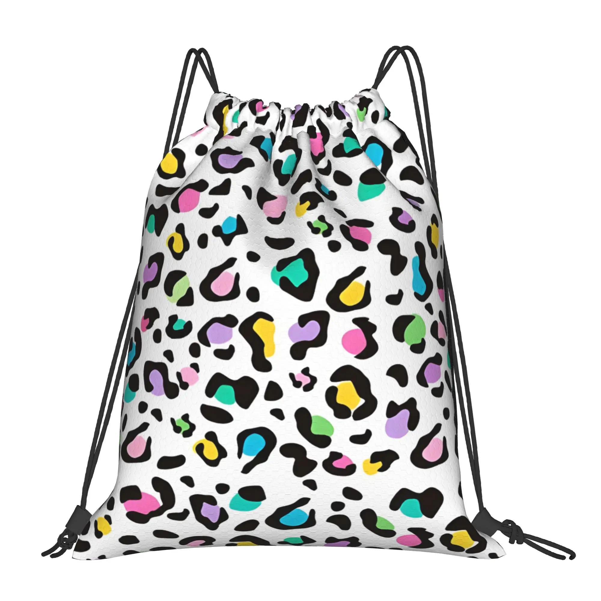 Pastel Rainbow Leopard Leopard Print Portable Shopping Drawstring Backpack Riding Backpack Gym Clothes Drawstring Bags