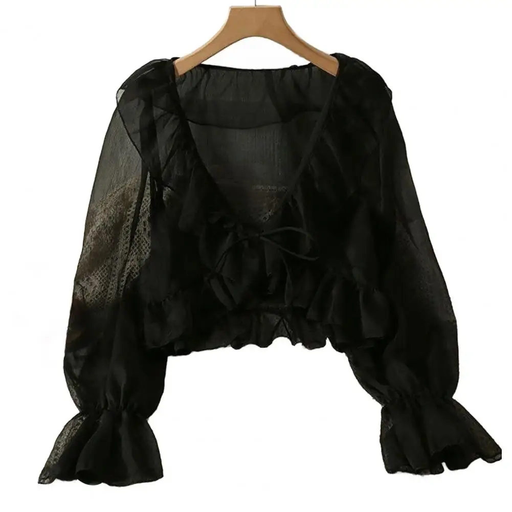 

V-neck Lace Camisole Chiffon Cardigan V-tie Lace-up Lightweight Shirt Stylish Summer Sun Protection Top with Ruffle for Wear