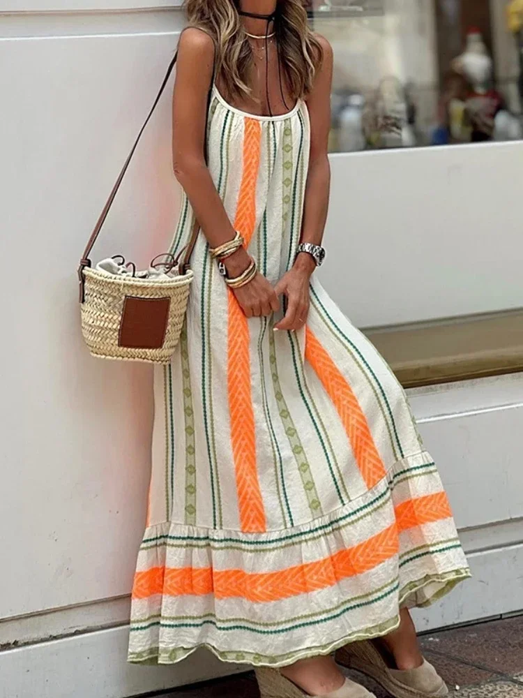 Beach Party Orange Long Camisole Dress with U-neck Striped Printed Sleeveless New Pleated Hem Design Patchwork Pullover Dresses
