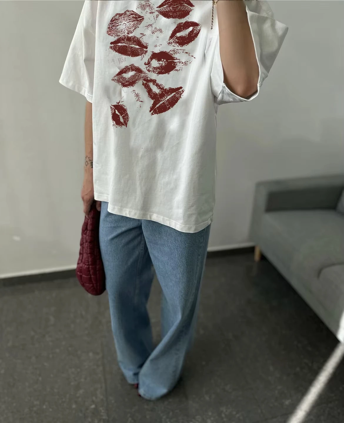 Trendy Y2k Street American Sexy Lips Printed T-shirt Summer Ins Women Cotton Soft Sleeves Oversized Retro Personality Gothic Top