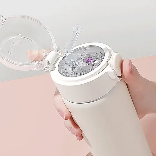 패션 스테인레스 스틸 진공 플라스크 빨대, 휴대용 귀여운 보온병 머그잔, 여행 열 물병 텀블러 보온컵, 380ml 