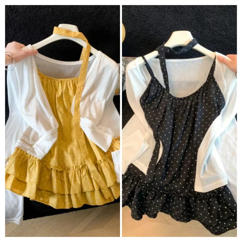 Vintage Fashion Retro Outfit - デイリーカジュアル Y2K ヴィンテージ女性原宿スーツニットカーディガンマッチングドットノースリーブトップス夏レトロ原宿ファッション衣装セット