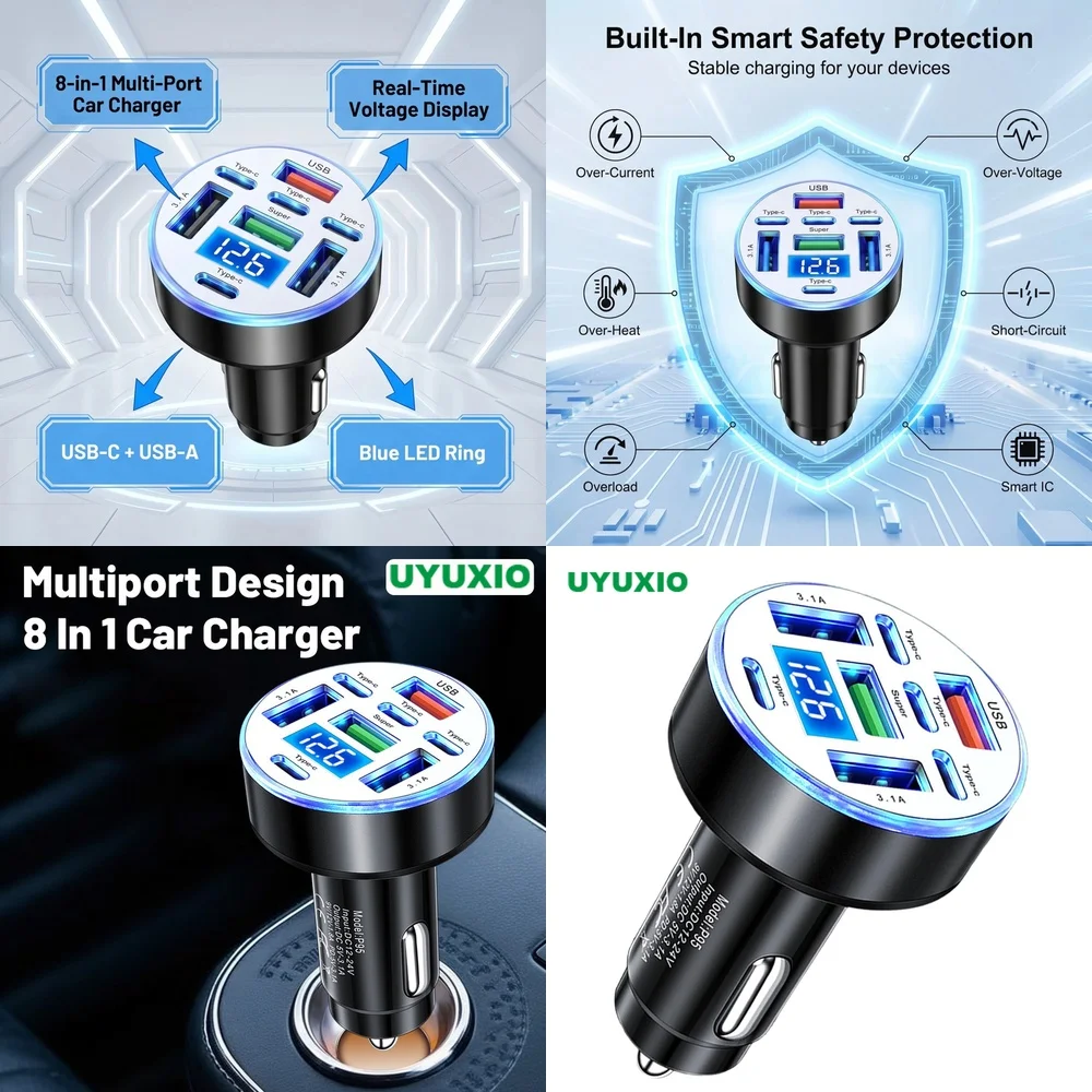 Multi Port USB C Car Charging Charger for iPhone 17 Samsung S26 Ultra iPad with LED Voltage Display Screen for Travelers