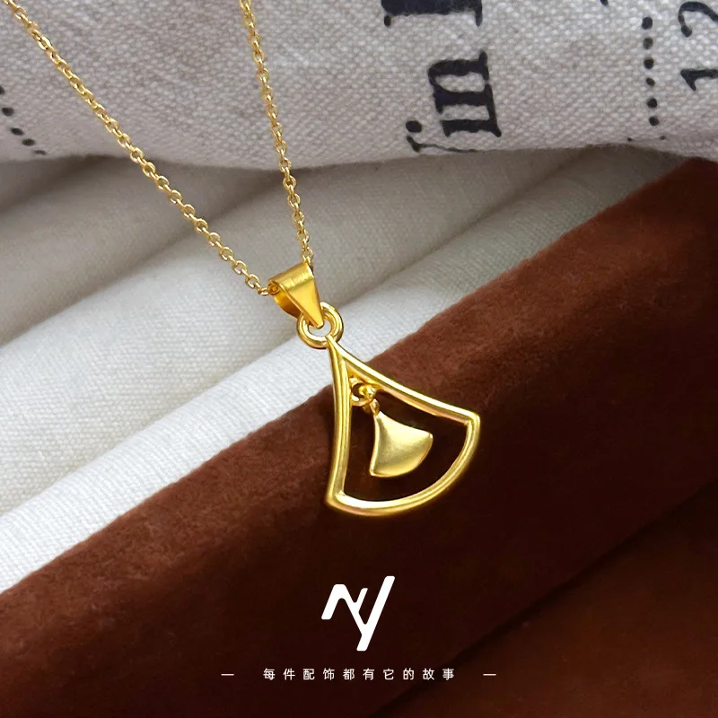 

Real 24k Gold 9999 Light Luxury Vitage Design Old Qianfeng Ginkgo Leaf Pendant Boutique Divine Small Skirt Necklace Fine Jewelry