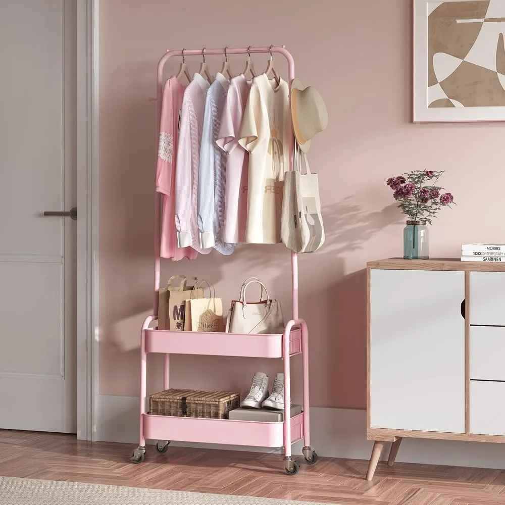ราวแขวนเสื้อผ้าเด็กแบบพกพาพร้อมตะกร้าโลหะและที่เก็บของแบบมีล้อสำหรับตู้เสื้อผ้าเด็ก