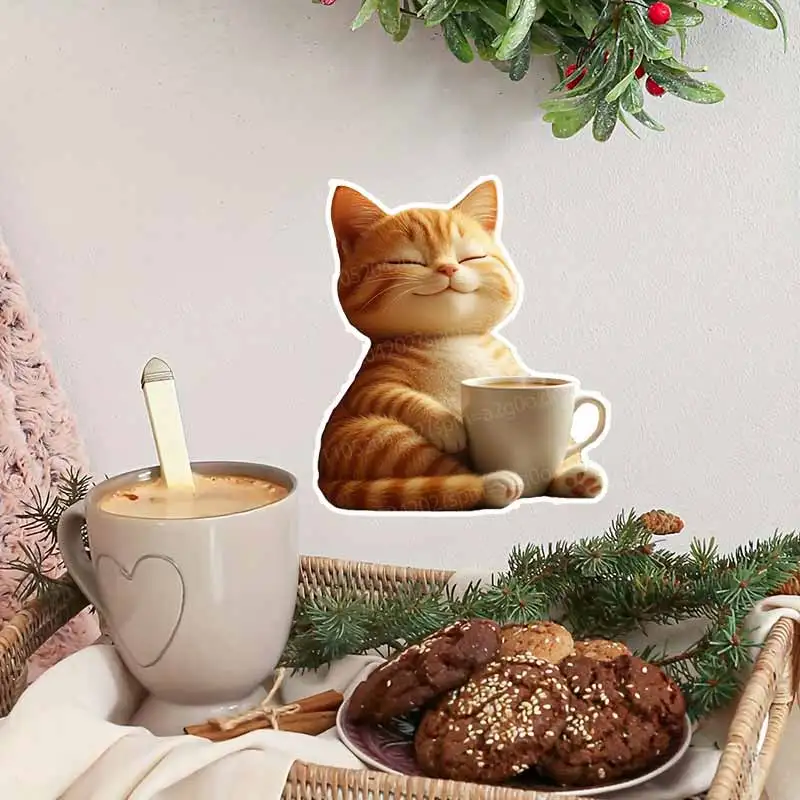 Cat And Cup Mouse Coffee Themed Decal Stickers for Refrigerator Notebook Wall Office Ideal for Children's Room Art Decor AA416
