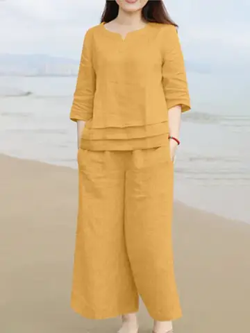 Cotton Linen Pants Set For Women's Spring Summer New Styles Casual Loose Solid Color Middle Cuff Pocket Pants Two-piece Set