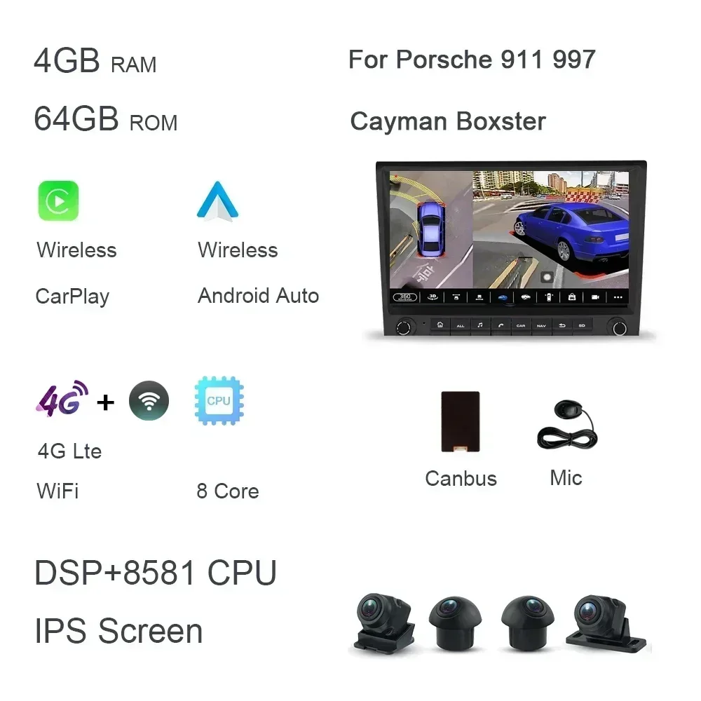 720P 8' 2 DIN Android 14.0 autoradio met 8-core processor, 256GB ROM, DSP, multimedia, GPS voor Porsche 987, 911, 997, Cayman, Boxster